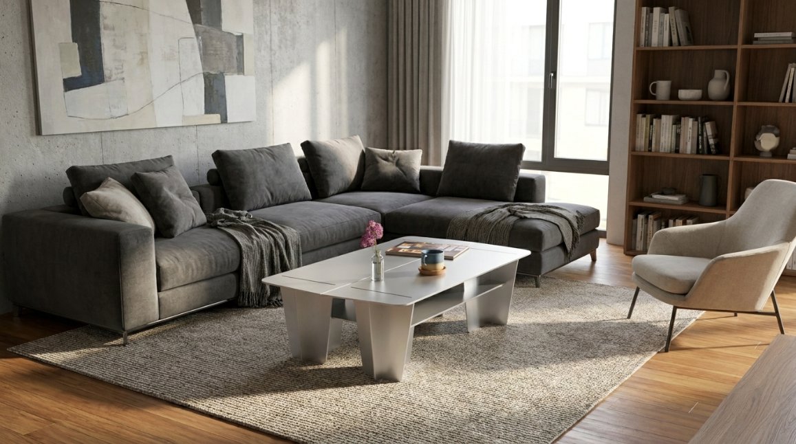 Coffee table in a Scandinavian-style living room with grey sofa and armchair